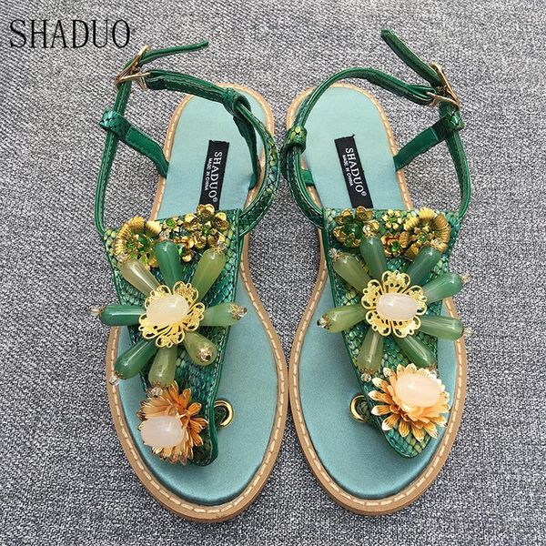 shaduo genuine leather stitching silk buckle sandals, agate with flower hardware clip flat sandals, Black
shaduo genuine leather stitching silk buckle sandals, agate with flower hardware clip flat sandals, Black