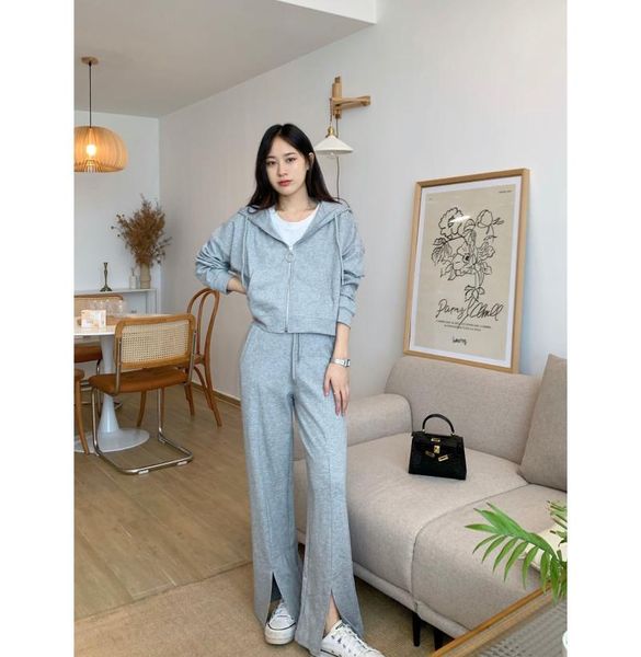 women's two piece pants korean zipper hooded short sweater high waist hanging feeling split sweatpants two-piece suit women, White
women's two piece pants korean zipper hooded short sweater high waist hanging feeling split sweatpants two-piece suit women, White