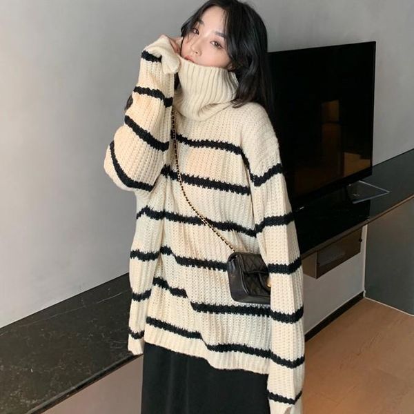 women's sweaters autumn and winter retro ladies all-match casual loose lazy wind in the long striped high neck sweater, White;black
women's sweaters autumn and winter retro ladies all-match casual loose lazy wind in the long striped high neck sweater, White;black