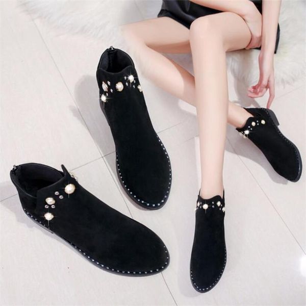 boots autumn and winter women's booties fashion wild women suede european american pearl decorative student shoes, Black
boots autumn and winter women's booties fashion wild women suede european american pearl decorative student shoes, Black