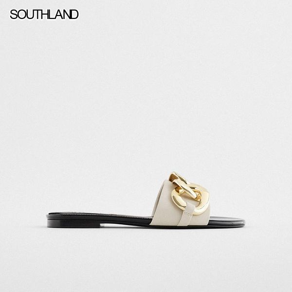 slippers southland summer agency chain upper flat sandals beige slid for female metallic, Black