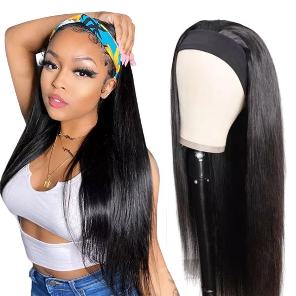 

human hair wigs 26 inches 65cm european and american women fashion black mid-length straight hairs bandana wig