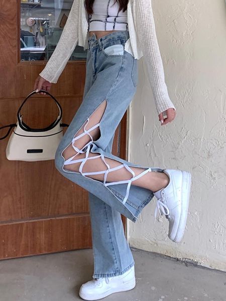 women's jeans 2021 fashion high waist for girls korean casual tie light blue baggy straight pants
women's jeans 2021 fashion high waist for girls korean casual tie light blue baggy straight pants