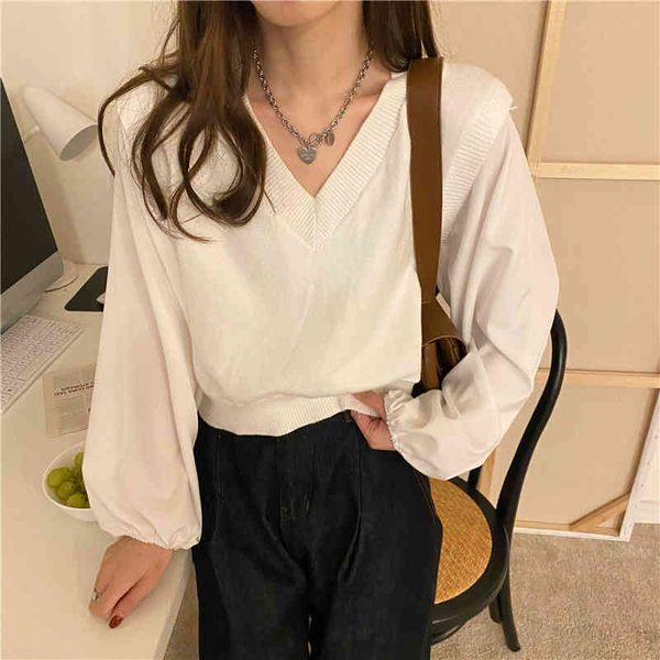 comelv-neck fake two piece design shirts vintage twist knitted patchwork women sweaters single breasted puff sleeve blouse 210515, White;black
comelv-neck fake two piece design shirts vintage twist knitted patchwork women sweaters single breasted puff sleeve blouse 210515, White;black