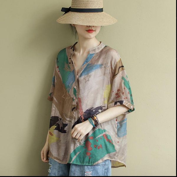 summer arts style women shirts plus size short sleeve loose cotton print v neck blouses femme, White
summer arts style women shirts plus size short sleeve loose cotton print v neck blouses femme, White