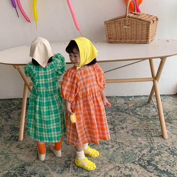girl's dresses korea children's wear summer retro plaid dress baby korean cotton bubble sleeve long skirt., Red;yellow 
girl's dresses korea children's wear summer retro plaid dress baby korean cotton bubble sleeve long skirt., Red;yellow