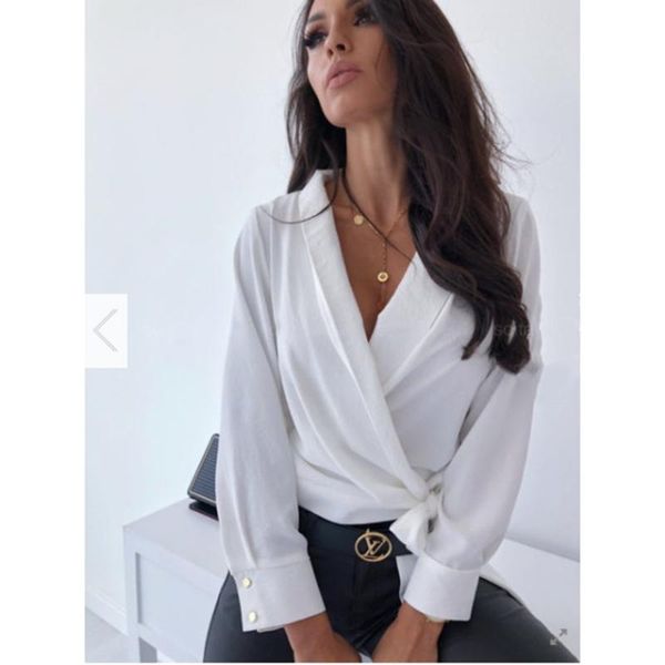 women v-neck bandage shirts crop lady fashion long sleeves slim blouse ladies office women's blouses &, White
