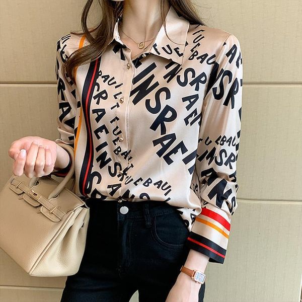 satin silk long sleeved women shirts spring and autumn western style striped letter printing casual blouse, White
satin silk long sleeved women shirts spring and autumn western style striped letter printing casual blouse, White