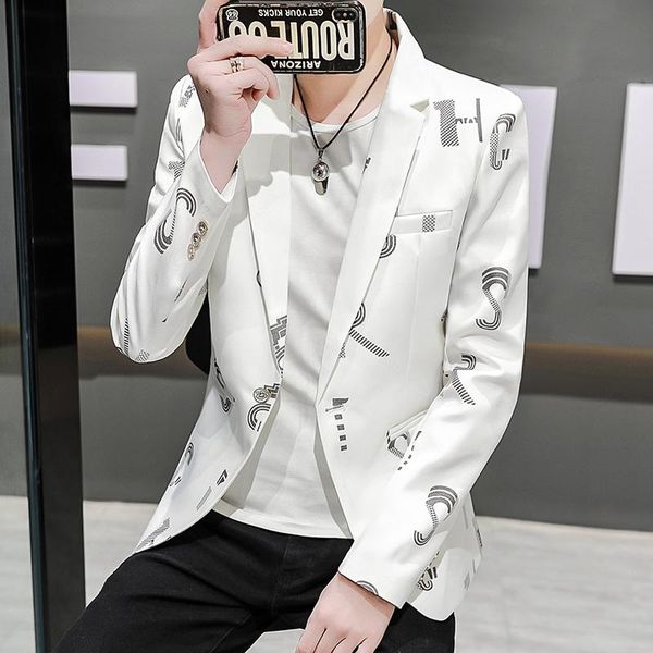 men's suits & blazers 2021 korean slim men casual suit jacket autumn street wear social clothing wedding business printing dress coat 3, White;black 
men's suits & blazers 2021 korean slim men casual suit jacket autumn street wear social clothing wedding business printing dress coat 3, White;black