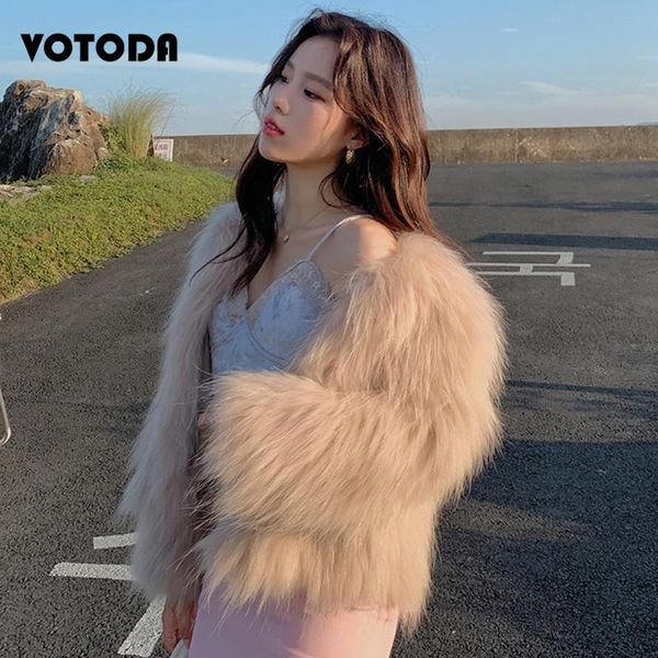 women's fur & faux fall winter women coat long sleeve warm jacket v-neck woven overcoat girl fashion raccoon coats outerwear, Black