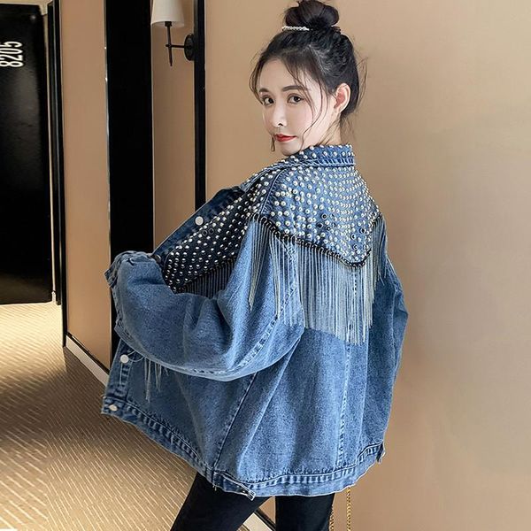 women's jackets women denim jacket 2021 spring autumn fashion beads tassel loose jeans coat single breasted female outerwear, Black;brown
women's jackets women denim jacket 2021 spring autumn fashion beads tassel loose jeans coat single breasted female outerwear, Black;brown