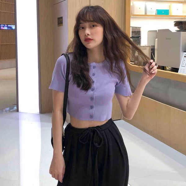 6 colors summer solid color short sleeve slim single breasted button knitted t shirts womens tee shirt femme (c1268) 210423, White
6 colors summer solid color short sleeve slim single breasted button knitted t shirts womens tee shirt femme (c1268) 210423, White