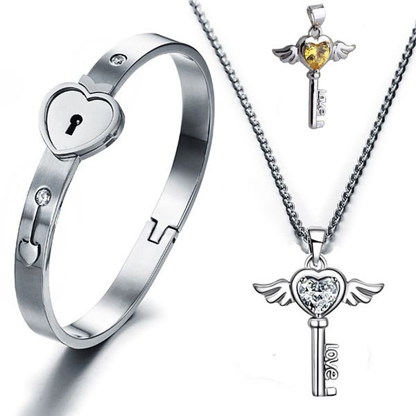 titanium steel lovers open heart lock bangles key pendant necklace couples charm jewelry set women accessories men bracelets, Silver
titanium steel lovers open heart lock bangles key pendant necklace couples charm jewelry set women accessories men bracelets, Silver