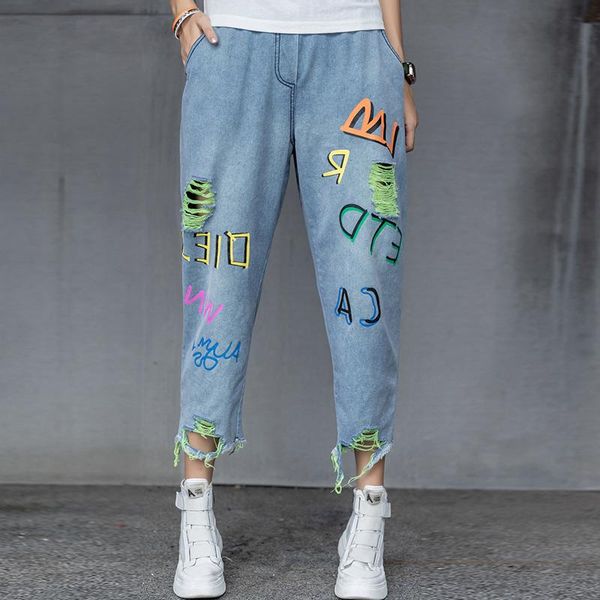 women's jeans ripped women straight pants loose female distressed boyfriend letter print denim trousers street class harajuku, Blue
women's jeans ripped women straight pants loose female distressed boyfriend letter print denim trousers street class harajuku, Blue