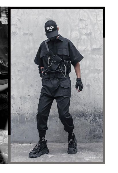 men's pants summer men's pure black assassin short sleeve lapel jumpsuit men fashion large pockets design elastic belt loose cargo
men's pants summer men's pure black assassin short sleeve lapel jumpsuit men fashion large pockets design elastic belt loose cargo