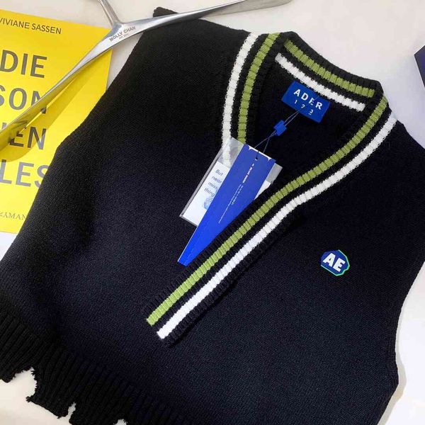 women's vests ader error warning knit men women color matching v-neck adererror back leather knitting coat short outerwear mn93, Black;white 
women's vests ader error warning knit men women color matching v-neck adererror back leather knitting coat short outerwear mn93, Black;white