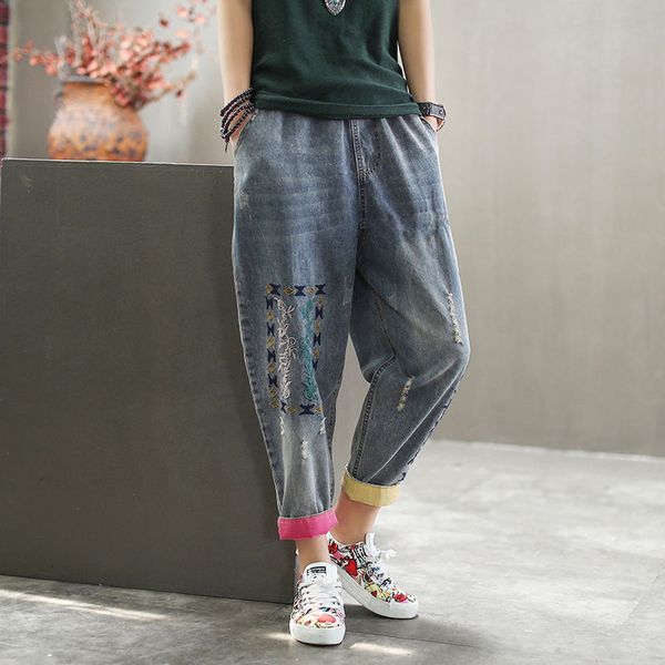 springtime female fashion elastic waist denim harem slacks embroidered loose jeans torn plus size s634, Blue
springtime female fashion elastic waist denim harem slacks embroidered loose jeans torn plus size s634, Blue