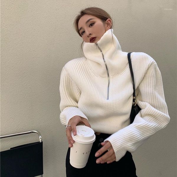 women sweater zipper high neck short loose knit autumn white fashion street style femme chandails clothing eb50gl women's sweaters, White;black
women sweater zipper high neck short loose knit autumn white fashion street style femme chandails clothing eb50gl women's sweaters, White;black