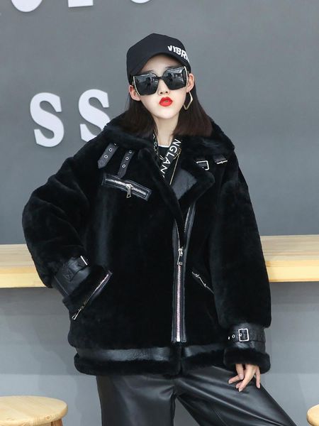 women's fur & faux coat women 2021 winter loose and thin wool motorcycle style jacket trend fs20214, Black
women's fur & faux coat women 2021 winter loose and thin wool motorcycle style jacket trend fs20214, Black