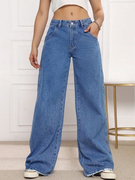 raw hem slant pocket wide leg jeans p7ir#, Blue