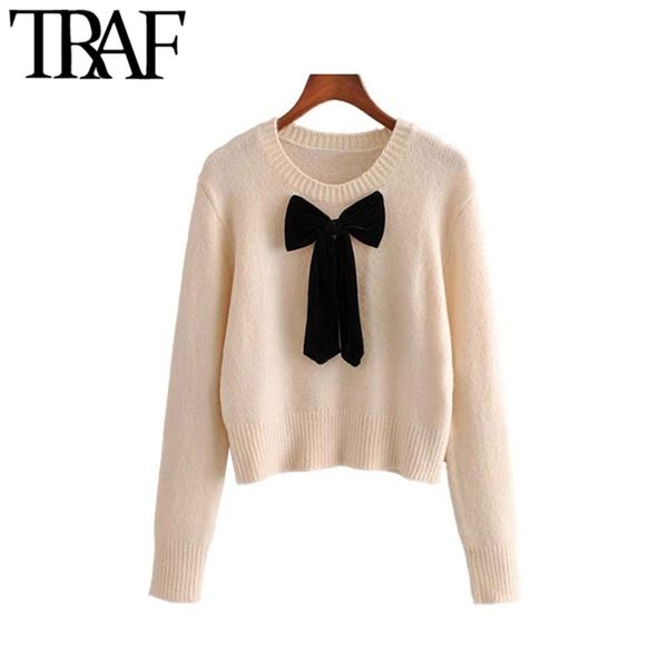 women vintage sweet short style bow tie knitted sweater fashion o neck long sleeve stretchy female pullovers chic 210507, White;black
women vintage sweet short style bow tie knitted sweater fashion o neck long sleeve stretchy female pullovers chic 210507, White;black