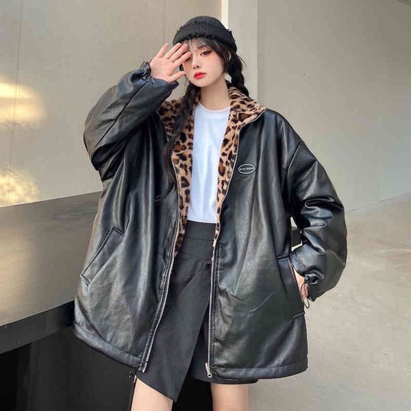 women's down & parkas korean leopard print leather jacket spring zipper loose coat wear on both sides fashion w6cu, Black
women's down & parkas korean leopard print leather jacket spring zipper loose coat wear on both sides fashion w6cu, Black