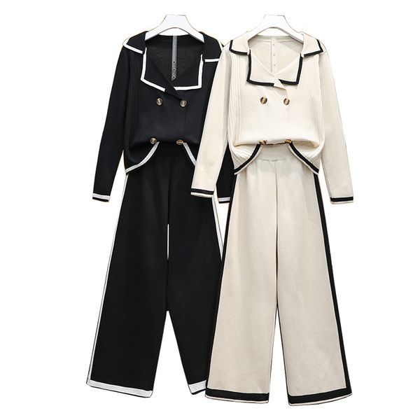 women v neck knitted single breasted cardigan black beige full length wide leg pants two piece set elastic t0302 210514, White
women v neck knitted single breasted cardigan black beige full length wide leg pants two piece set elastic t0302 210514, White