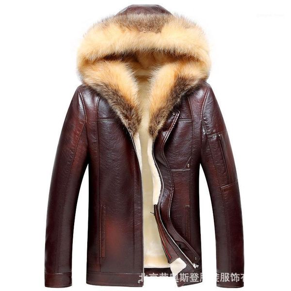 men's leather & faux velvet thickening male hooded raccoon heavy hair middle-aged and old brought the autumn winter fur coat, Black