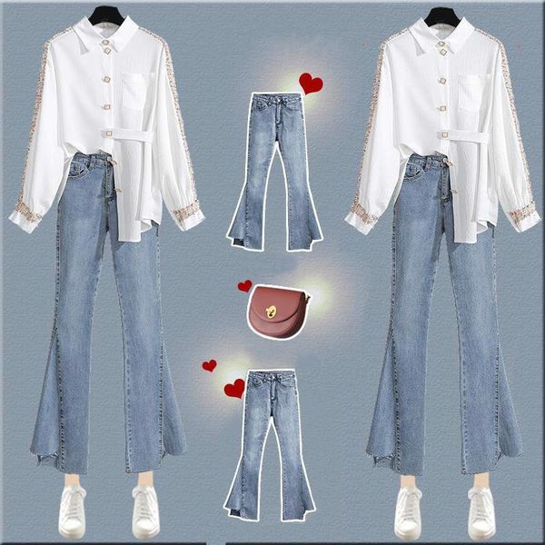 women 2021 summer casual vintage 2 piece set female flare denim trousers sets elegant blouse shirt+jeans pants fashion suit y361 two dress, White
women 2021 summer casual vintage 2 piece set female flare denim trousers sets elegant blouse shirt+jeans pants fashion suit y361 two dress, White