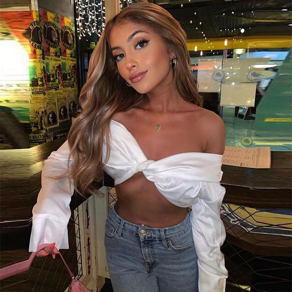 women's t-shirt v-neck blouse ladies fall long sleeve umbilicus exposure backless breast wrapping shirt for female clubwear, White
women's t-shirt v-neck blouse ladies fall long sleeve umbilicus exposure backless breast wrapping shirt for female clubwear, White
