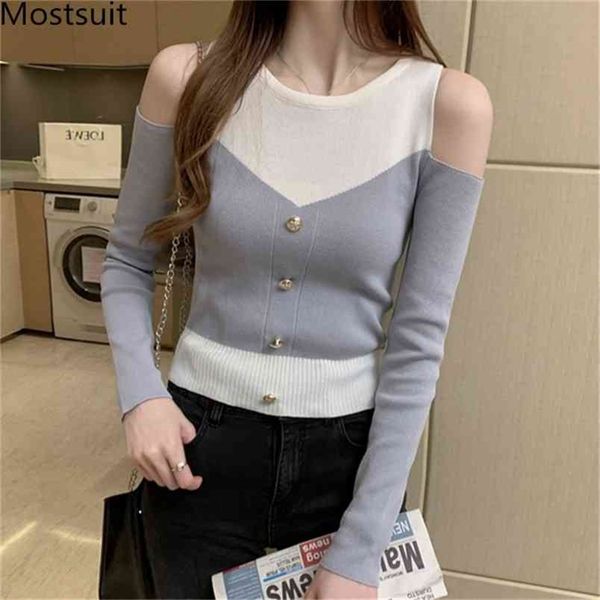 shoulder-open knitted pullover sweater women spring color-blocked full sleeve o-neck buttons slim fashion jumpers 210513, Black
shoulder-open knitted pullover sweater women spring color-blocked full sleeve o-neck buttons slim fashion jumpers 210513, Black