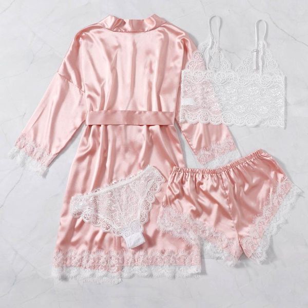 women's sleepwear women lace satin wireless bra camisole shorts pajamas robe five piece set fft, Black;red
women's sleepwear women lace satin wireless bra camisole shorts pajamas robe five piece set fft, Black;red