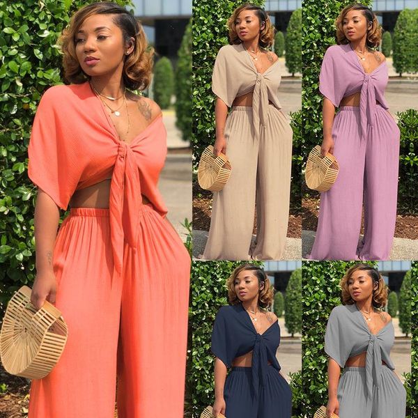 women tracksuits summer loose wide leg pants 2 piece clothing set banadage lace up crop v neck work female, Gray
women tracksuits summer loose wide leg pants 2 piece clothing set banadage lace up crop v neck work female, Gray