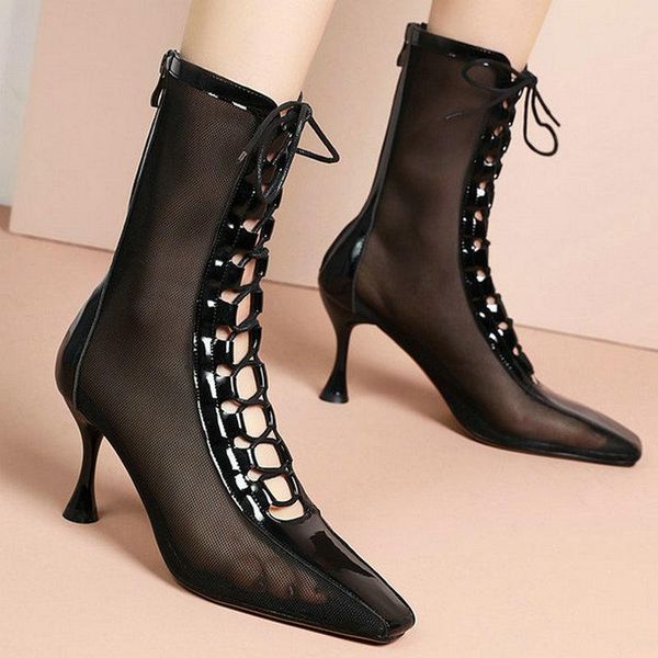 boots mature mesh women lace-up thin high heels ankle pointed toed party wedding shoes black size 33-43 
boots mature mesh women lace-up thin high heels ankle pointed toed party wedding shoes black size 33-43