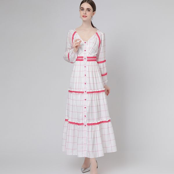 women's runway dress v neck long lantern sleeves plaid lace patchwork elegant fashion party dresses, Black
women's runway dress v neck long lantern sleeves plaid lace patchwork elegant fashion party dresses, Black