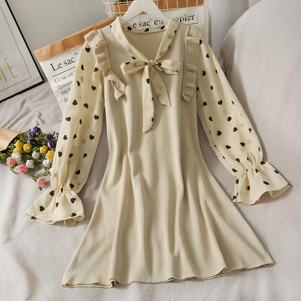fashion women bow tie collar dresses patchwork mini knitted dress female heart print chiffon sleeve clothing casual, Black;gray
fashion women bow tie collar dresses patchwork mini knitted dress female heart print chiffon sleeve clothing casual, Black;gray