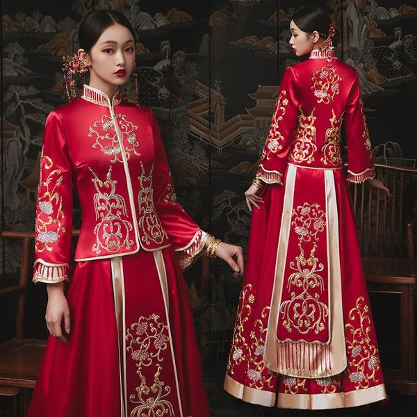 ethnic clothing female wedding dress chinese style marriage set oriental cheongsam embroidery bride costume toast, Red
ethnic clothing female wedding dress chinese style marriage set oriental cheongsam embroidery bride costume toast, Red