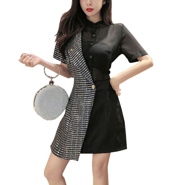 asymmetrical dress short sleeve sequined bling mini button black chiffon d1124 210514, Black;gray
asymmetrical dress short sleeve sequined bling mini button black chiffon d1124 210514, Black;gray