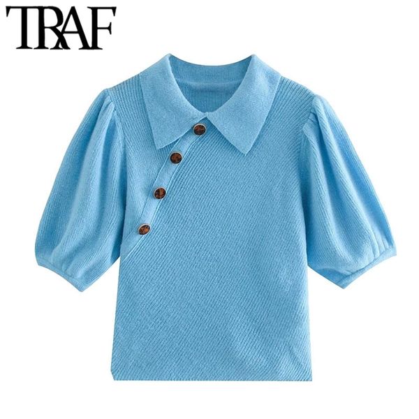 women fashion decorative buttons cropped knitted sweater vintage puff sleeve female pullovers chic 210507, White;black
women fashion decorative buttons cropped knitted sweater vintage puff sleeve female pullovers chic 210507, White;black