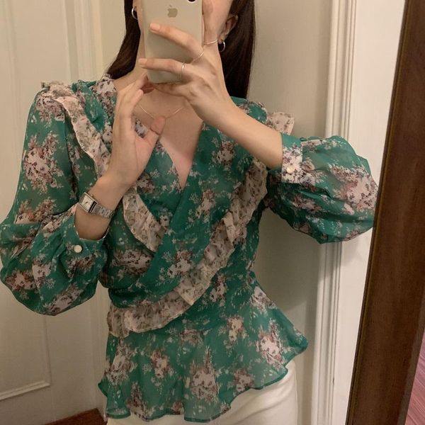 women's blouses & shirts women chiffon 2021 summer korean style vintage green floral ruffled lace up waist v-neck shirt femme, White
women's blouses & shirts women chiffon 2021 summer korean style vintage green floral ruffled lace up waist v-neck shirt femme, White