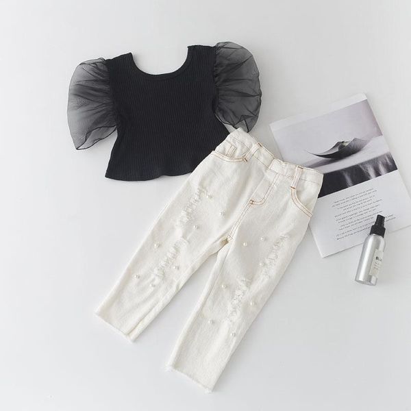 clothing sets toddler girl clothes 2021 girls set 2 pieces transparent mesh sleeve black + beaded hole denim pants, White
clothing sets toddler girl clothes 2021 girls set 2 pieces transparent mesh sleeve black + beaded hole denim pants, White