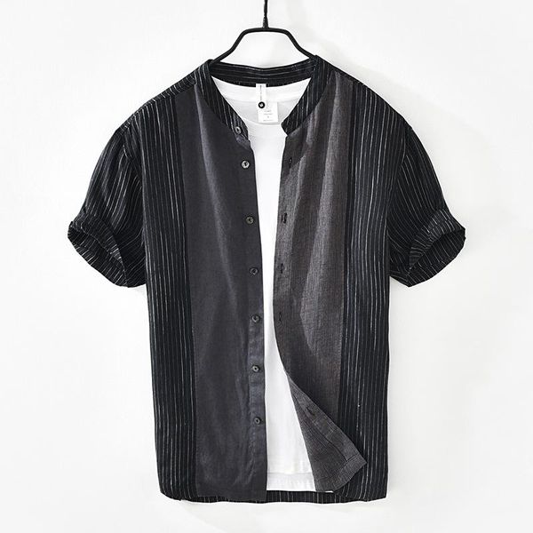 men's casual shirts 2001 summer patchwork linen striped short sleeve stand collar slim-fit breathable preppy style, White;black
men's casual shirts 2001 summer patchwork linen striped short sleeve stand collar slim-fit breathable preppy style, White;black