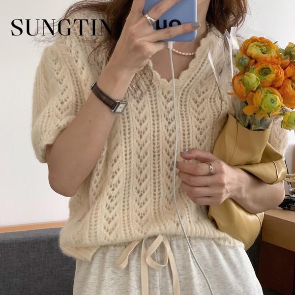 women's t-shirt sungtin knitted hollow out short women solid v neck thin sweater casual green sweet t shirt female 3 colors summer 202, White
women's t-shirt sungtin knitted hollow out short women solid v neck thin sweater casual green sweet t shirt female 3 colors summer 202, White