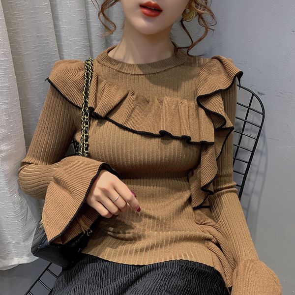 women's t-shirt autumn ruffled long flared sleeved fit slim knit o neck novelty base sweater gnyc, White
women's t-shirt autumn ruffled long flared sleeved fit slim knit o neck novelty base sweater gnyc, White