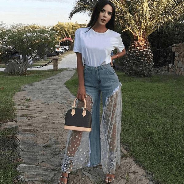 women's jeans women summer high waist pants stars sheer mesh patchwork see through tunic loose wide leg beach casual denim trousers, Blue
women's jeans women summer high waist pants stars sheer mesh patchwork see through tunic loose wide leg beach casual denim trousers, Blue