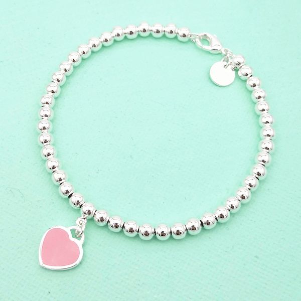 ms s925 pure silver enamel classic heart-shaped tags 4 m bead bracelet with america and europe pop woman holiday gifts, Black