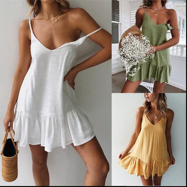 summer women dress sling v neck halter solid cotton ruffled white beach mini dresses casual loose sundress female, Black;gray
summer women dress sling v neck halter solid cotton ruffled white beach mini dresses casual loose sundress female, Black;gray