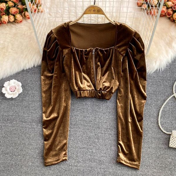 women's blouses & shirts autumn brown/black zipper velvet shirt women square collar long sleeve short female elegant party blouse, White
women's blouses & shirts autumn brown/black zipper velvet shirt women square collar long sleeve short female elegant party blouse, White