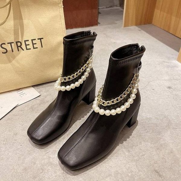 dress shoes square short boots women's autumn and winter 21 fashion pearl chain high heel thick boots., Black
dress shoes square short boots women's autumn and winter 21 fashion pearl chain high heel thick boots., Black
