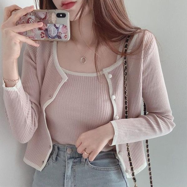 women's knits & tees sweet contrast short knit cardigan two-piece design single-breasted sweater women slim sling set, White
women's knits & tees sweet contrast short knit cardigan two-piece design single-breasted sweater women slim sling set, White